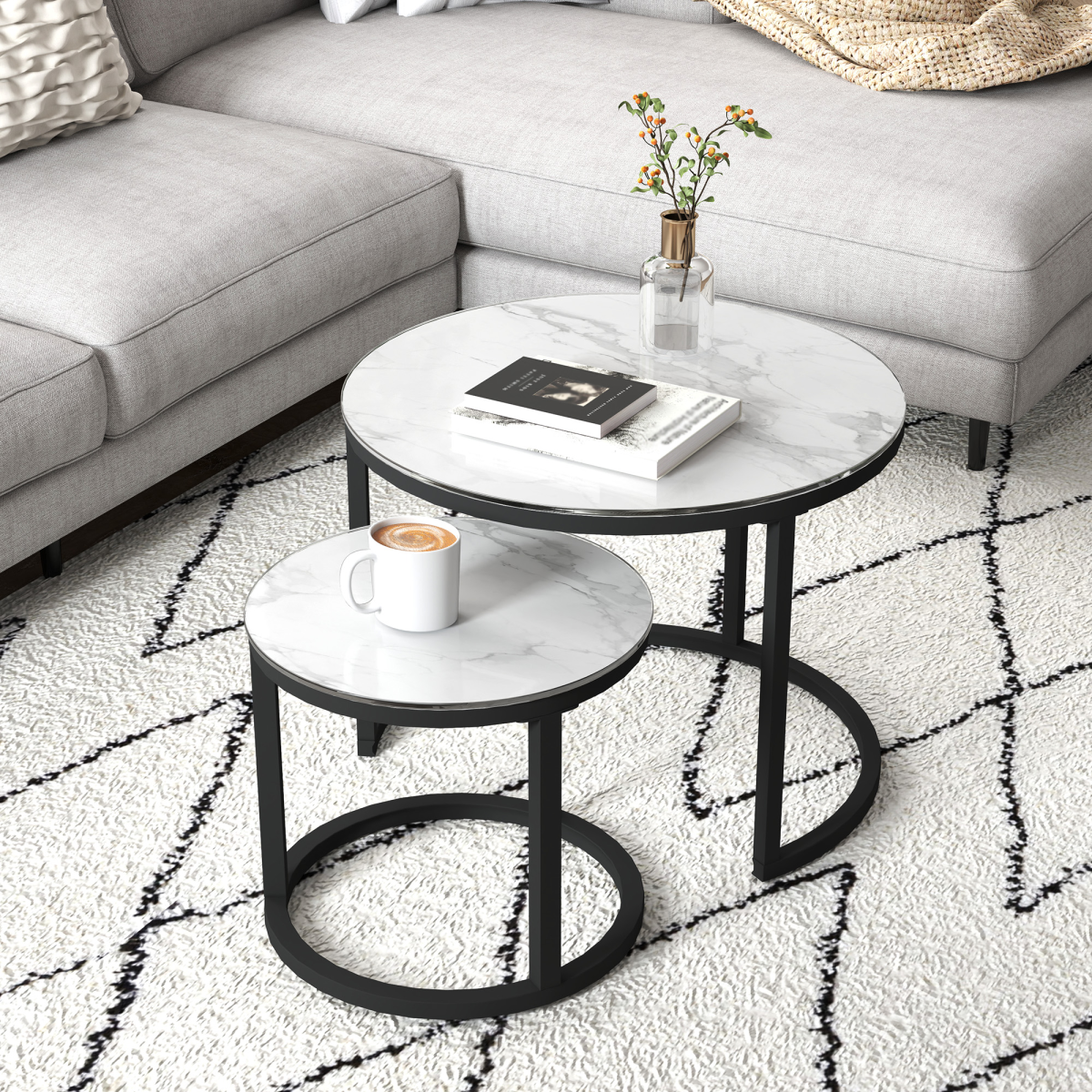 HOMCOM Glass Coffee Table Set of 2, Round Nest of Tables for Living Room