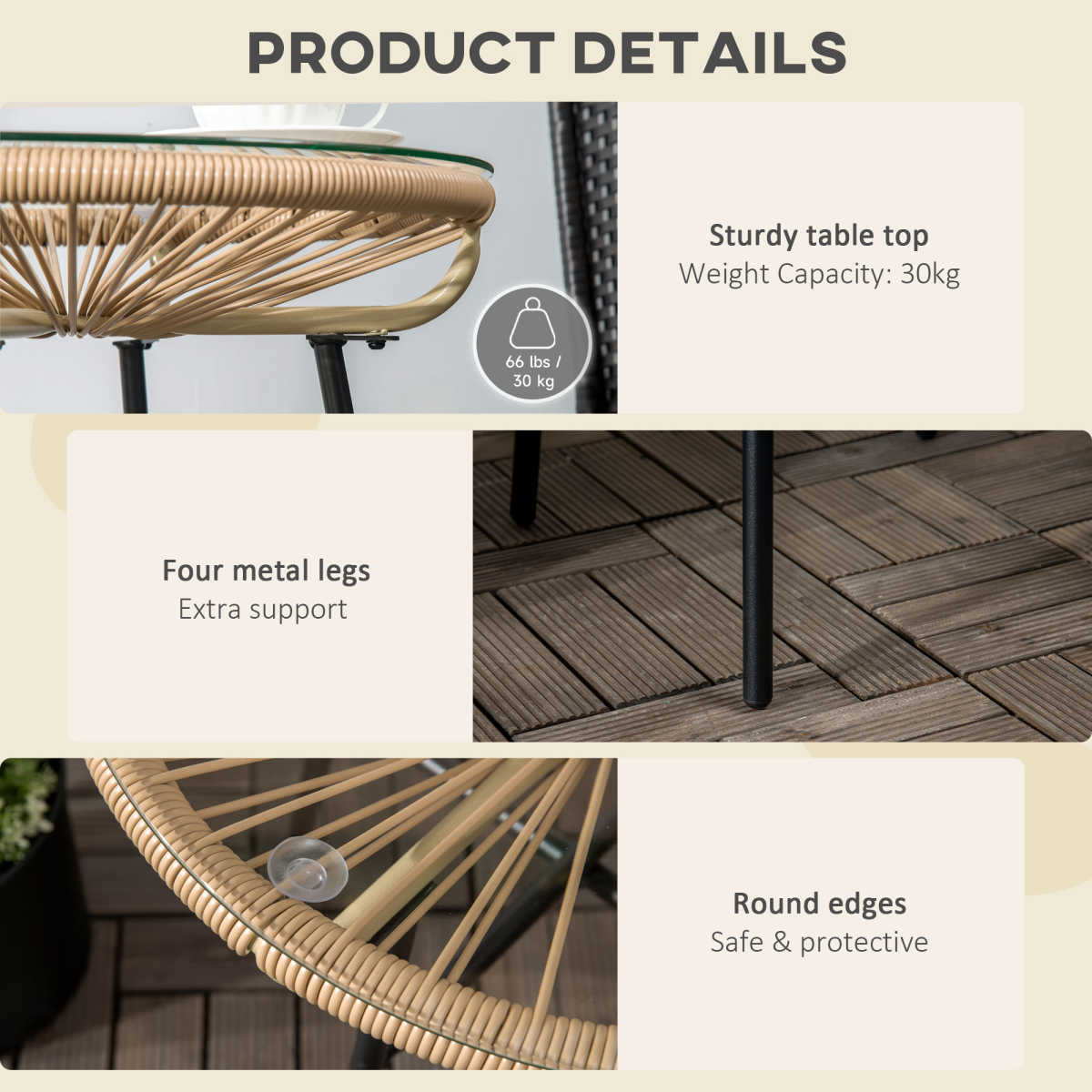Rattan Side Table with Round PE Rattan and Tempered Glass Table Top