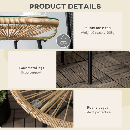 Rattan Side Table with Round PE Rattan and Tempered Glass Table Top