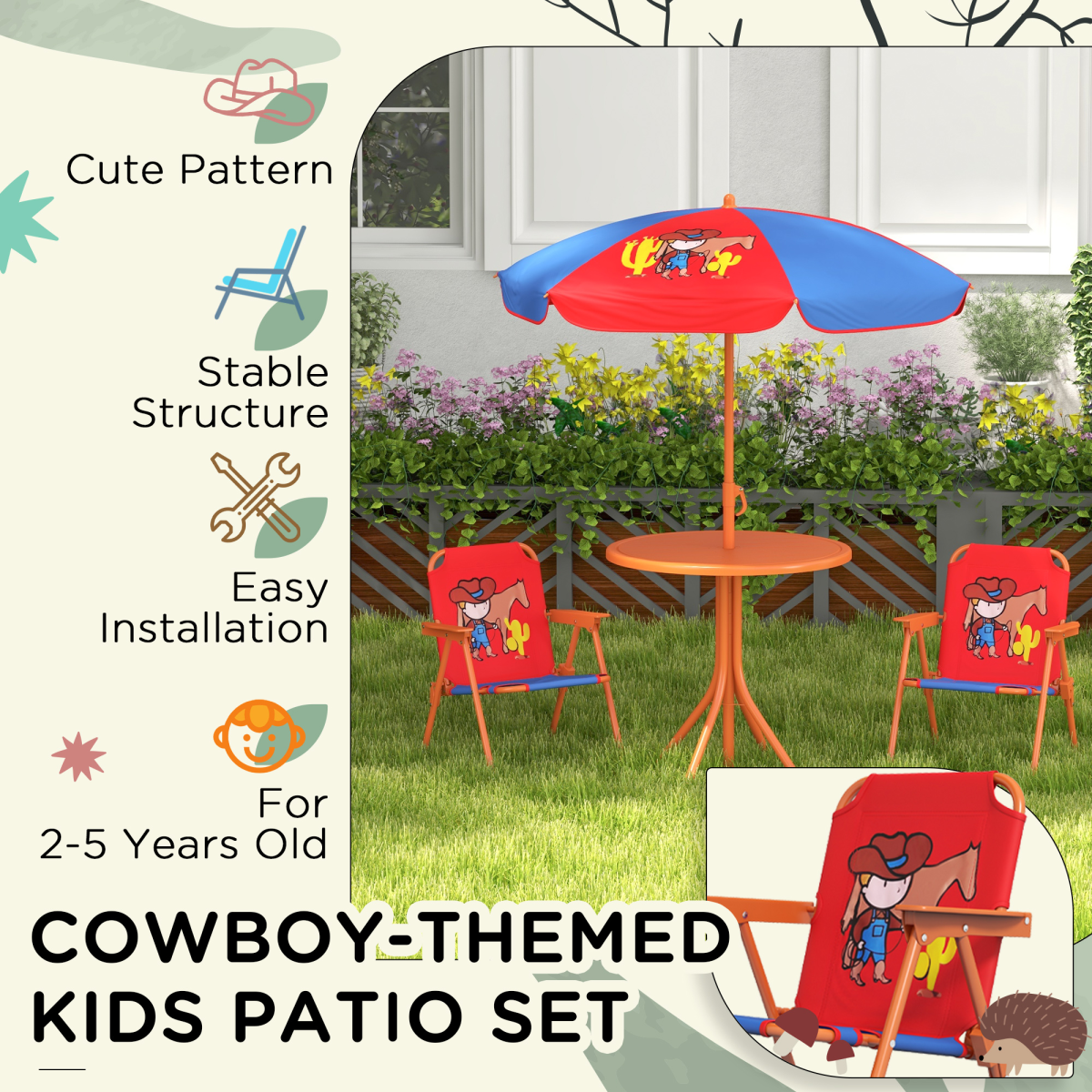 Outsunny Kids Bistro Table and Chair Set with Cowboy Theme, Adjustable Parasol