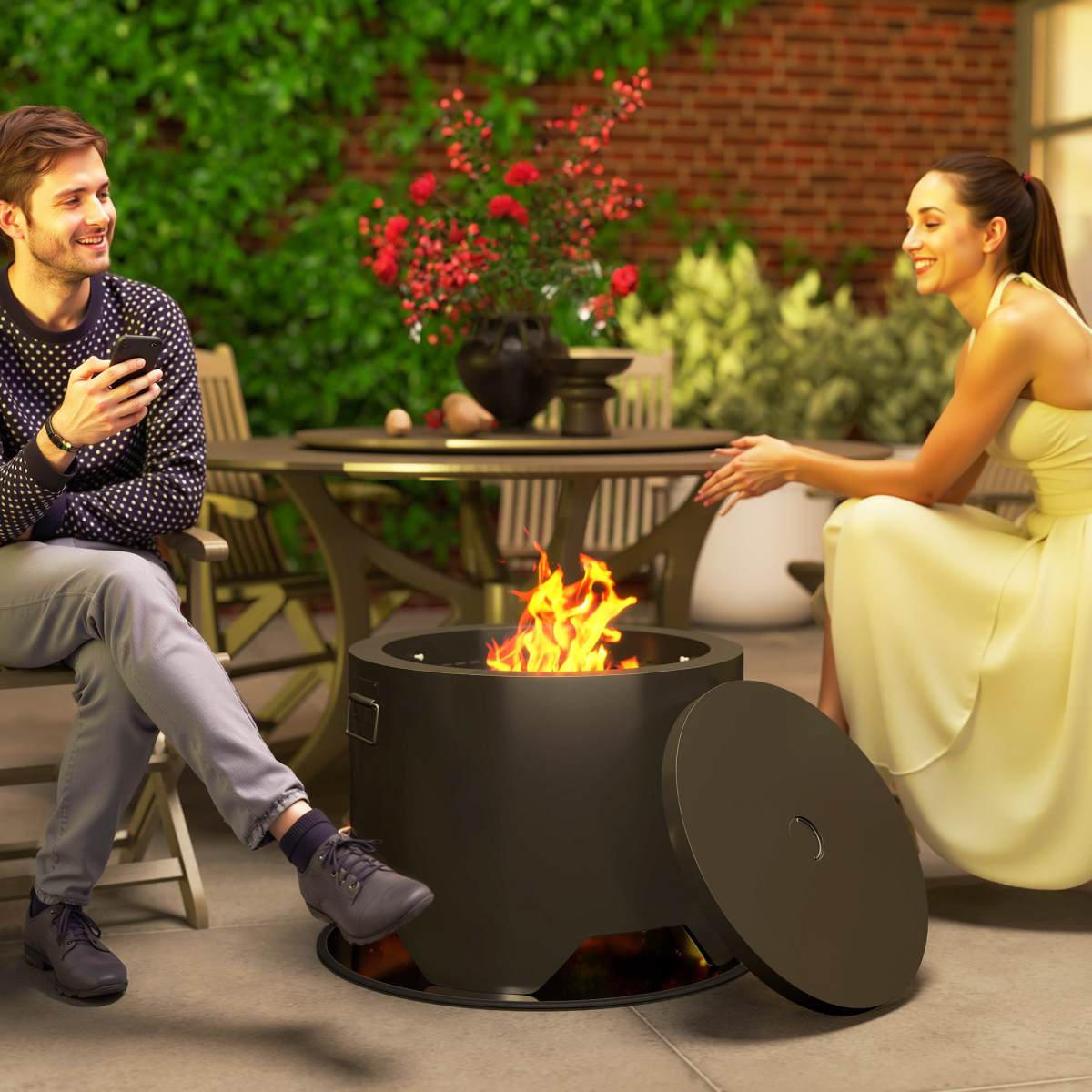 Outsunny Outdoor Round Fire Pit with Lid, Firepit with Fire Poker, Black