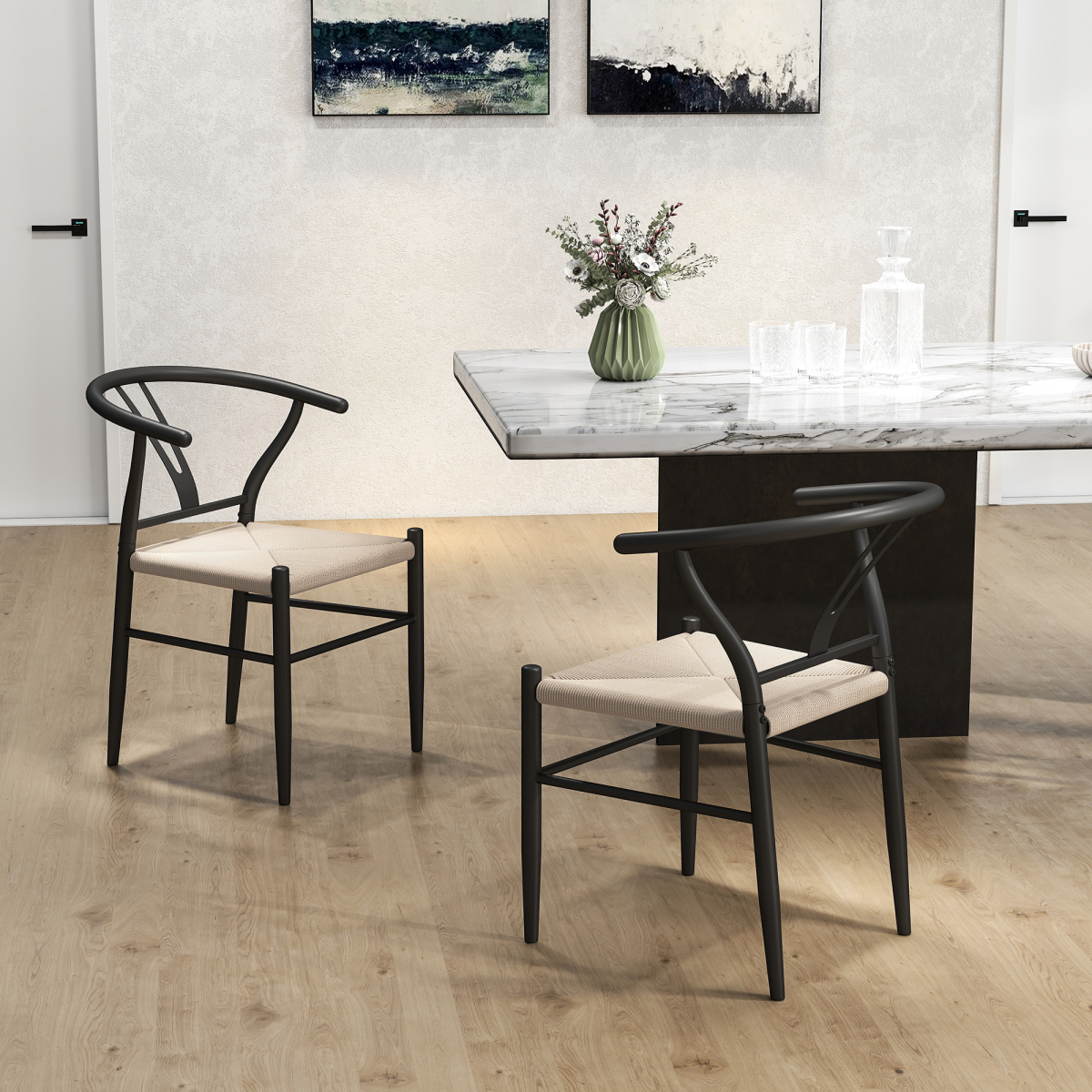 HOMCOM Weave Dining Chairs Set of 2 with Y-Shaped Backrest Hemp Seat Black