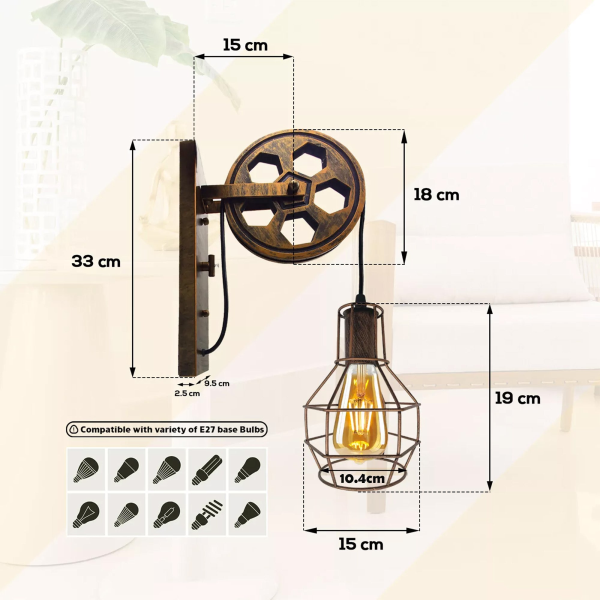 Brushed Copper Retro Industrial Pulley Wheel Cage Wall Light E27~1913