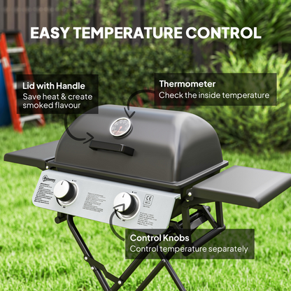 Outsunny Portable Foldable Gas Barbecue Grill with Thermometer, Lid, Black