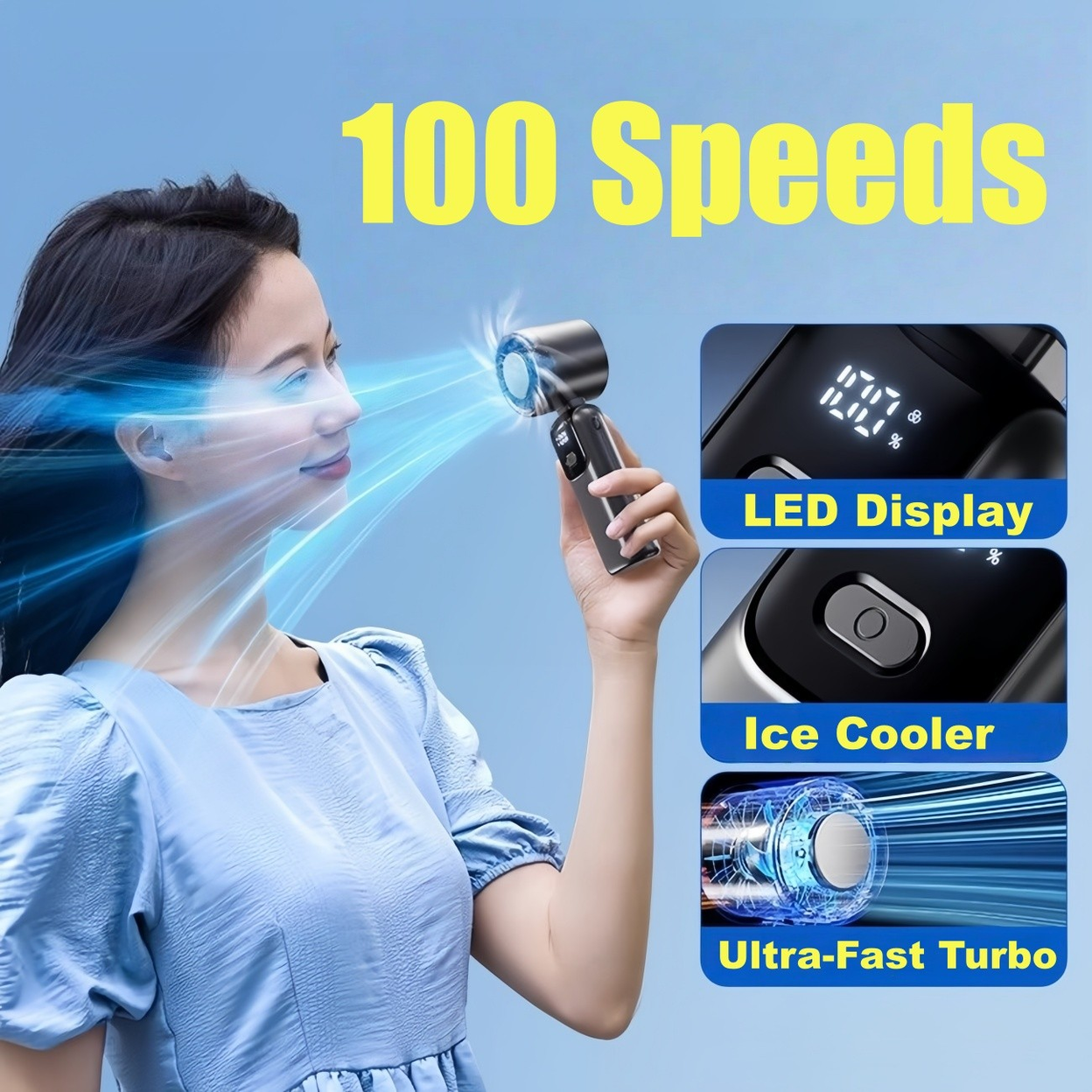 Portable Handheld Mini Turbo Fan In/Outdoor USB Rechargeable Ice Cooling Fans w/LED Display Fan (US Logistics only For USPS.TK/TMEU only For self-pickup)