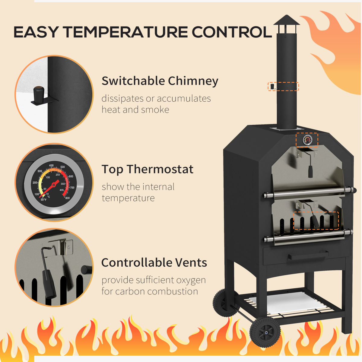 Outsunny Outdoor Pizza Oven Charcoal Grill with Rain Cover, Shelf and Wheels