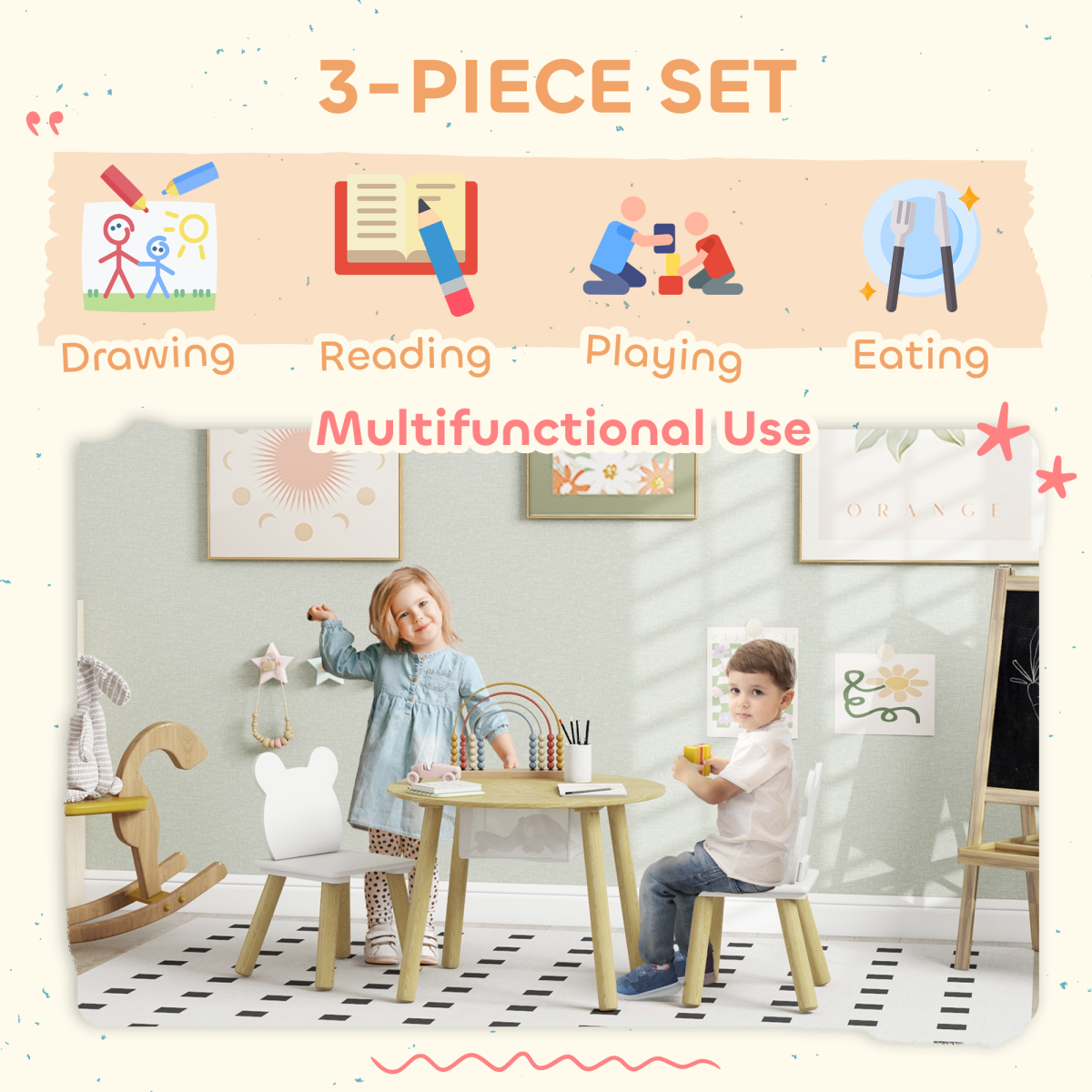 AIYAPLAY 3 Pieces Toddler Table and Chair Set w/ Centre Mesh Bag