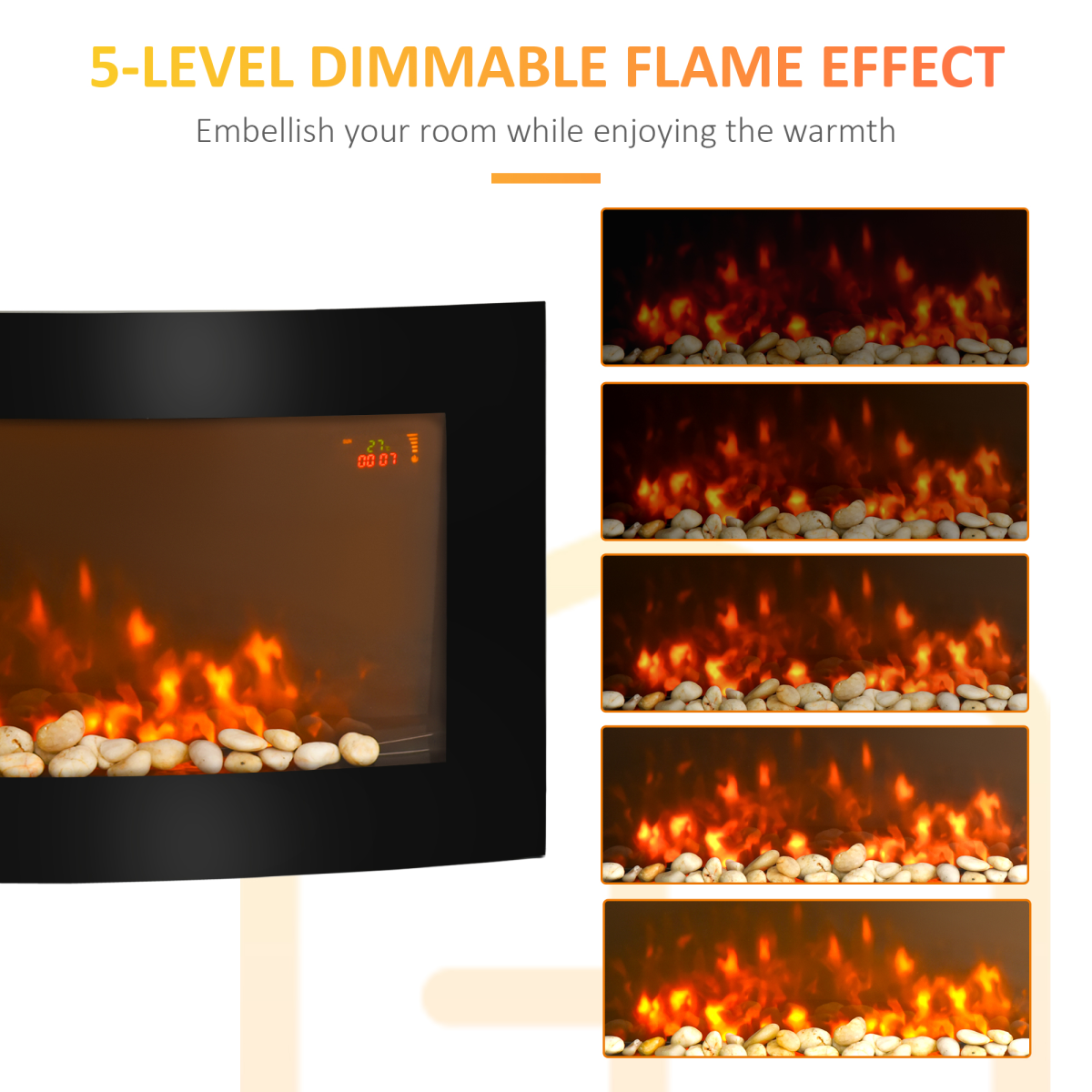 HOMCOM Electric Fireplace Wall Mounted Led Flame Curved Back Side Lights Heater