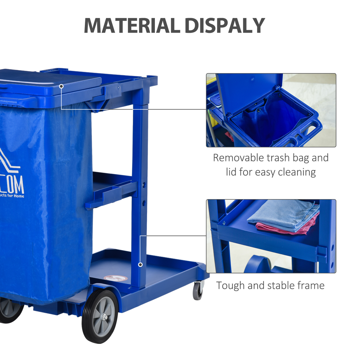 HOMCOM Cleaning Cart On Wheels, Housekeeping Trolley w/ 3 Tier Shelves, Blue