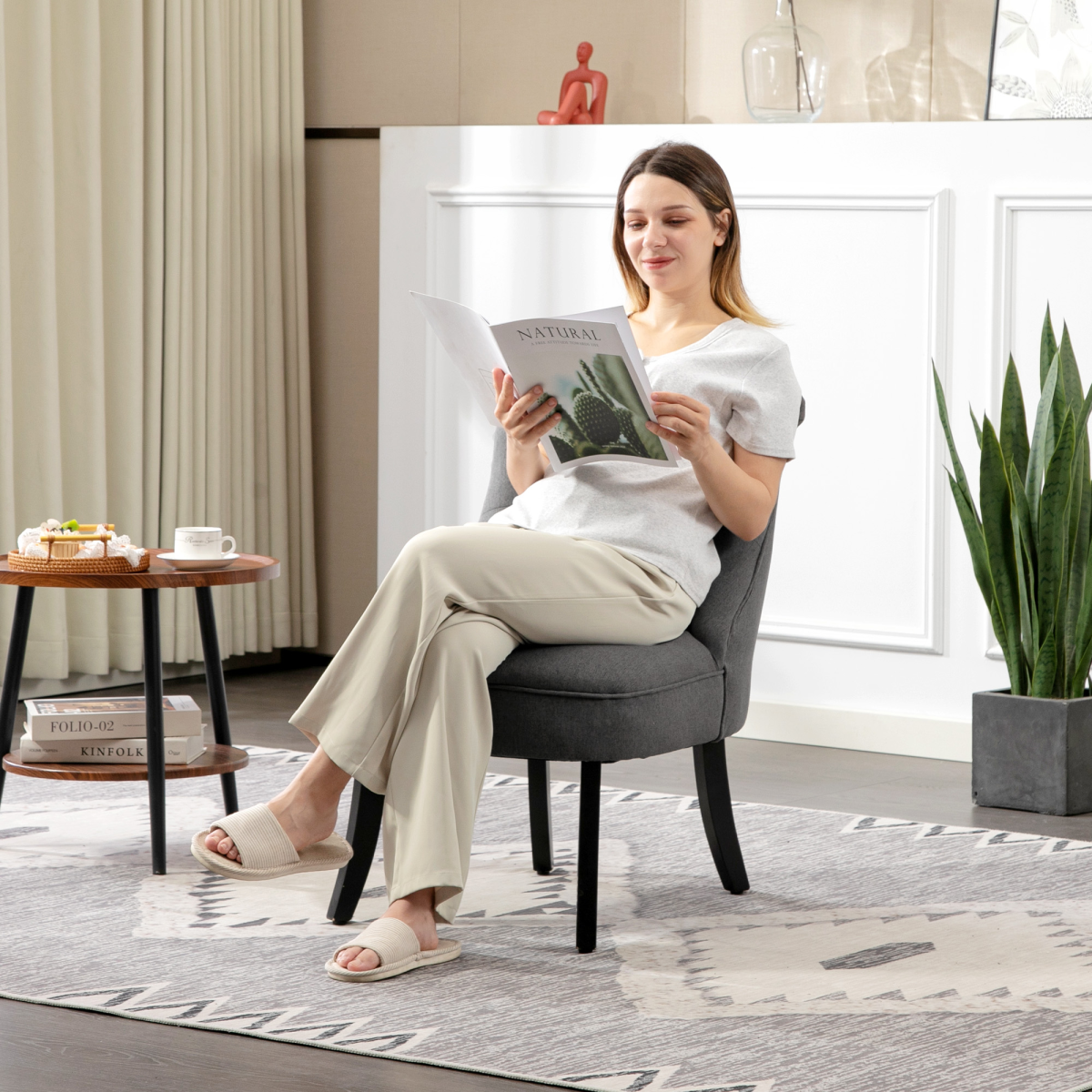 HOMCOM Fabric Single Sofa Upholstered with Pillow Wood Leg Charcoal Grey