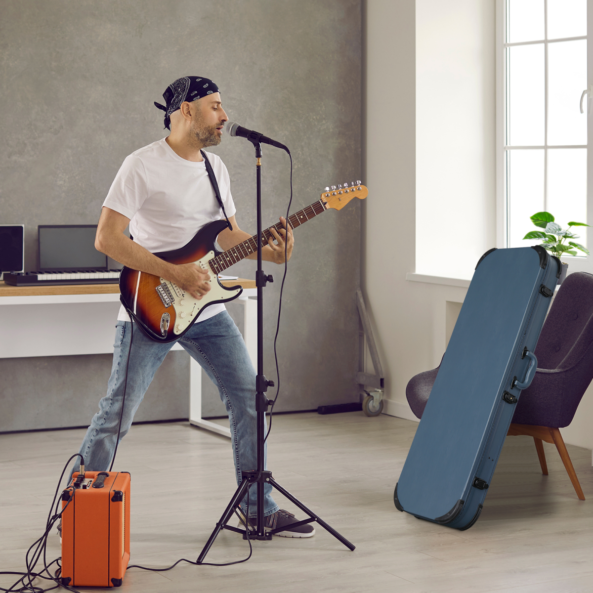 【Replace 87926095】 Electric Guitar Square PU Hard Case with Protective Sleeve Fits ST TL Burning fire 170 Style Electric Guitar Blue
