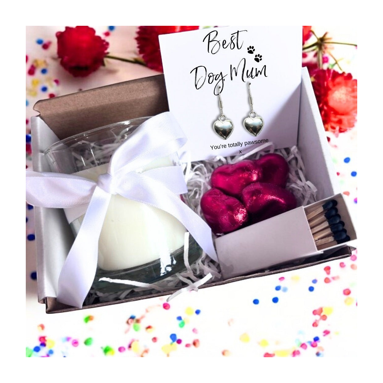 Small Best Dog Mum Gift Hamper Heart Earrings Chocolates & Candle