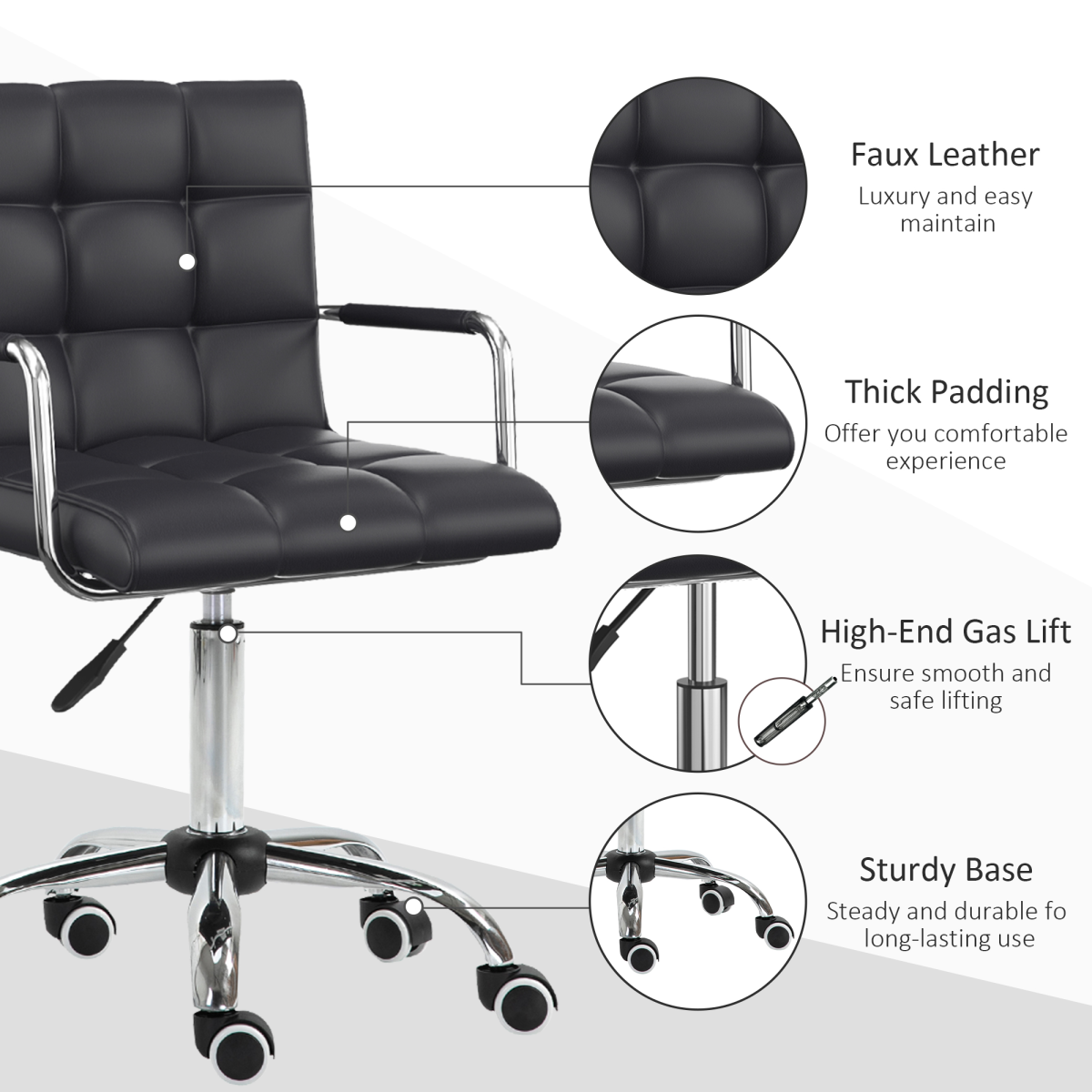 Mid Back PU Leather Home Office Chair Swivel Desk Chair with Arm, Wheel, Black