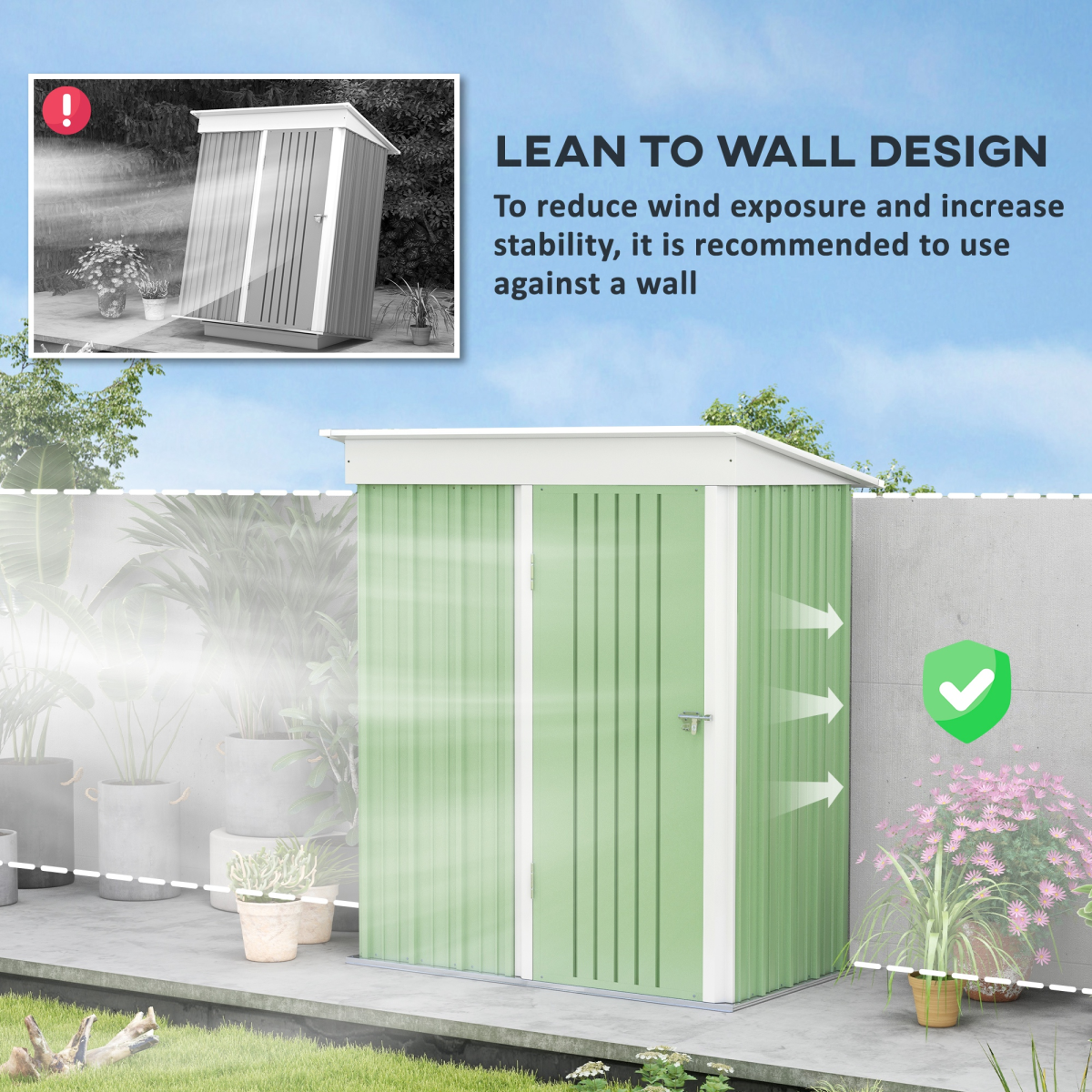 Outsunny Steel Garden Shed, Small  Lean-to Shed for Bike Tool, 5x3 ft, Green
