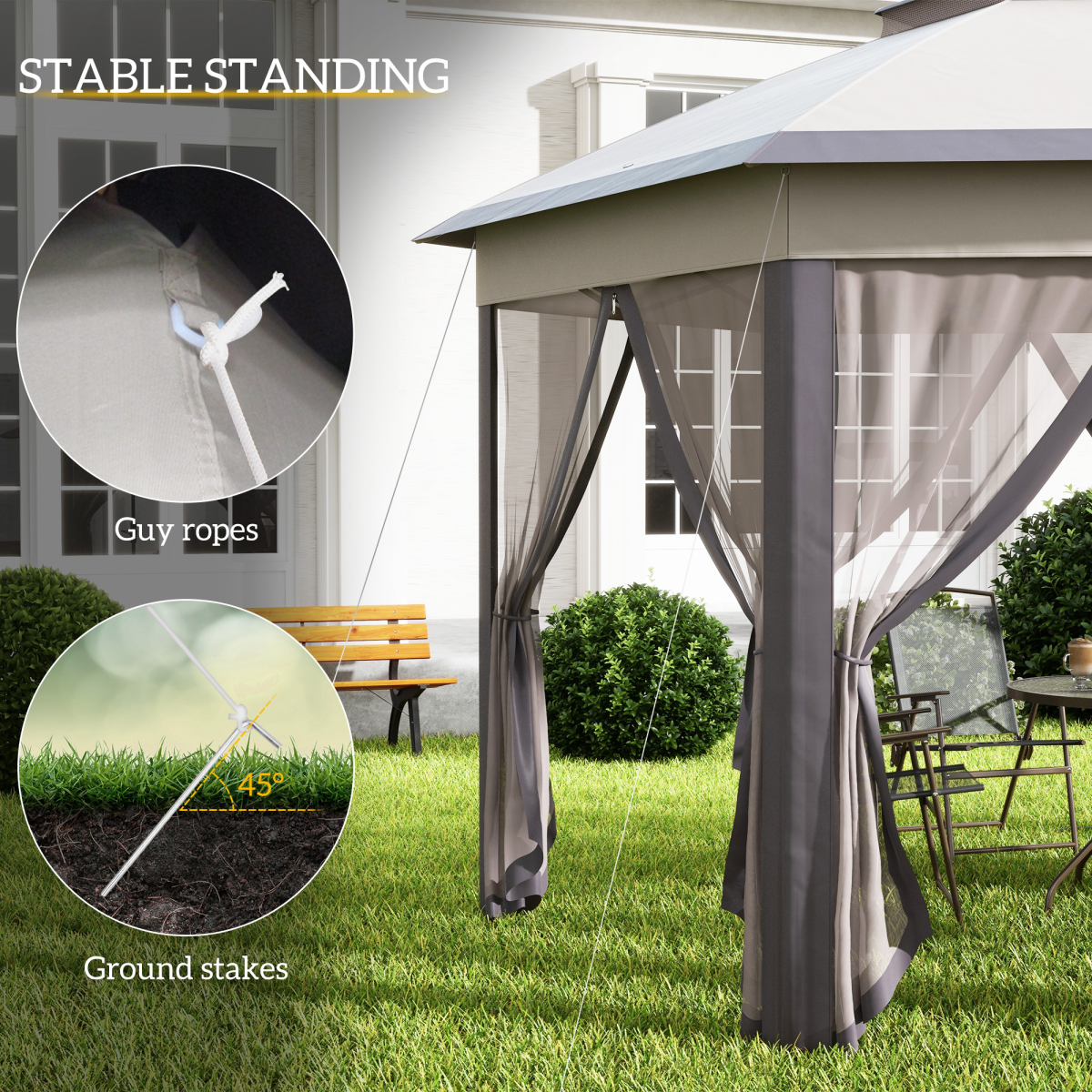 4.05m x 4.05m Metal Frame Mesh Draped 2-Tier Roof Gazebo Brown