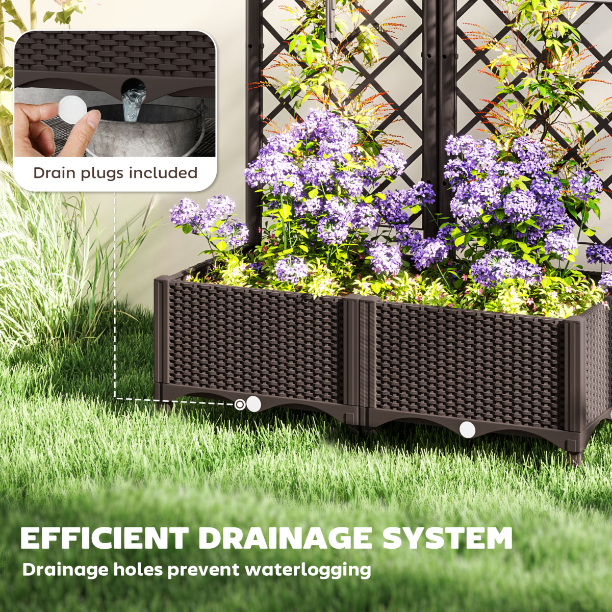 Outsunny Plastic Planter Box with Trellis, Vegetable Planter w/ Drain Plugs