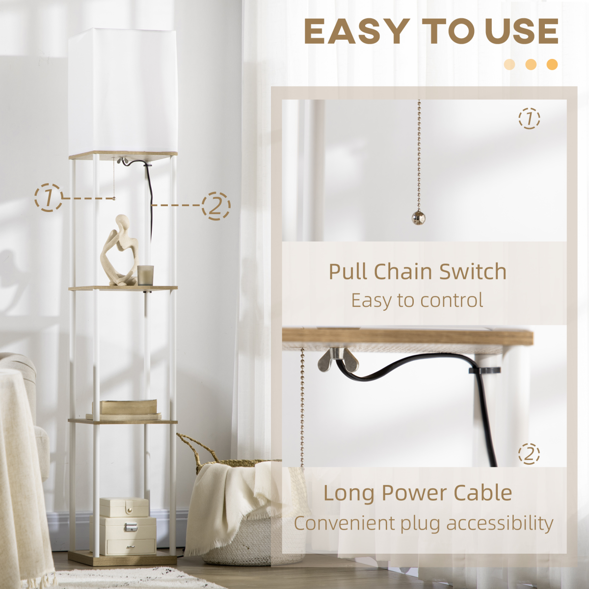 HOMCOM Modern Floor Lamp with Shelves and Fabric Lampshade for Living Room