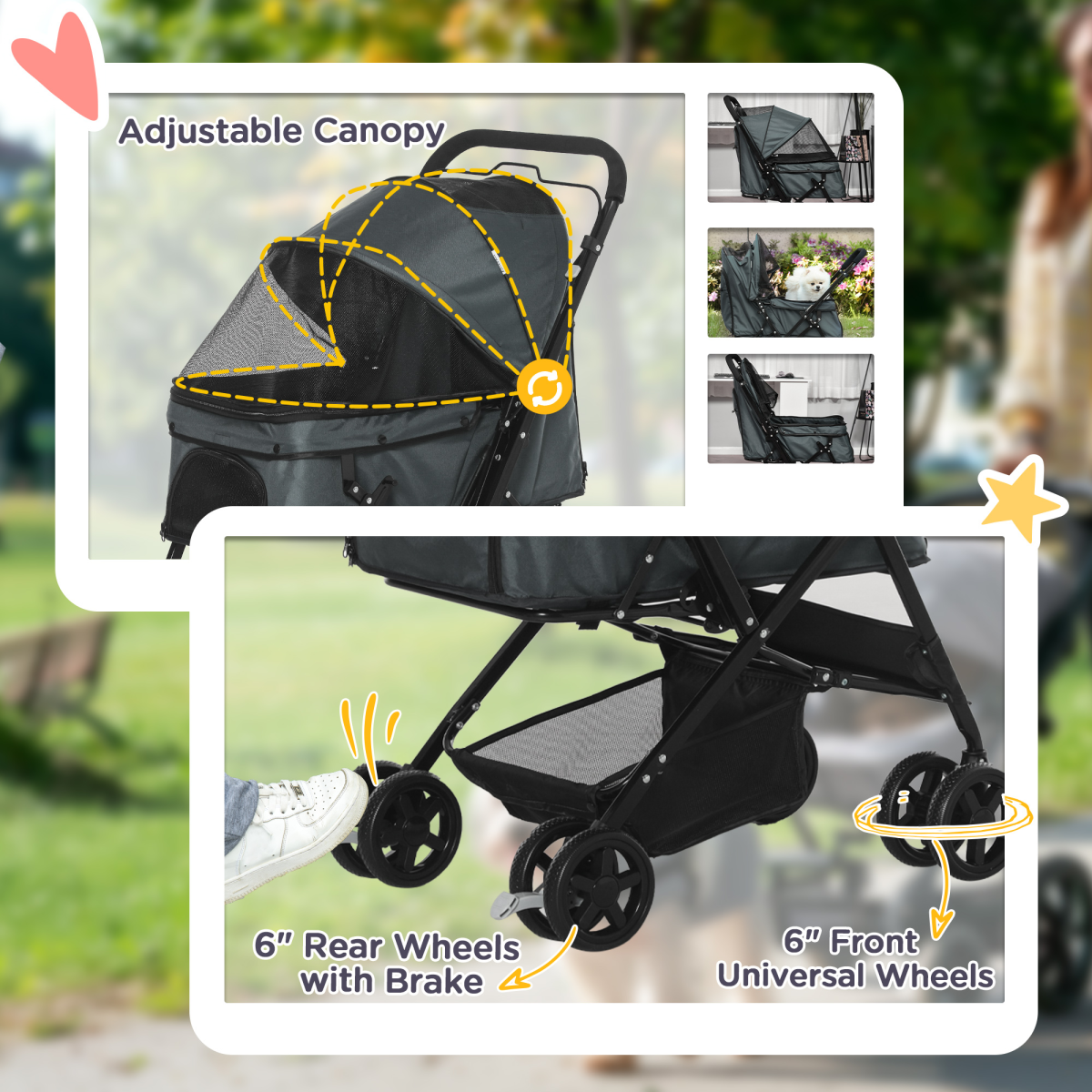 PawHut Pet Stroller Dog Foldable Travel Carriage with Reversible Handle, Grey