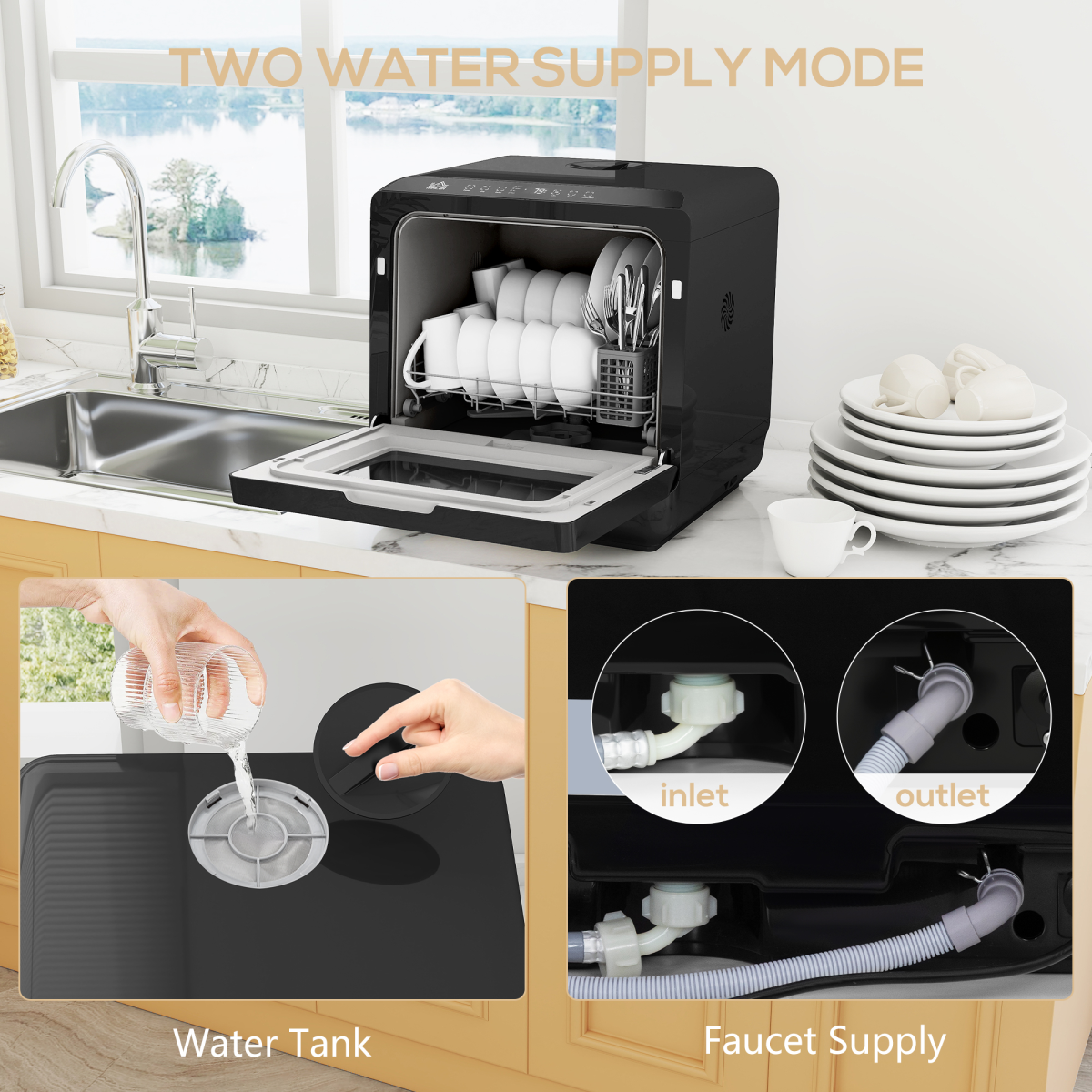 HOMCOM Worktop Dishwasher w/ 4 Place Settings 6 Programs, Black