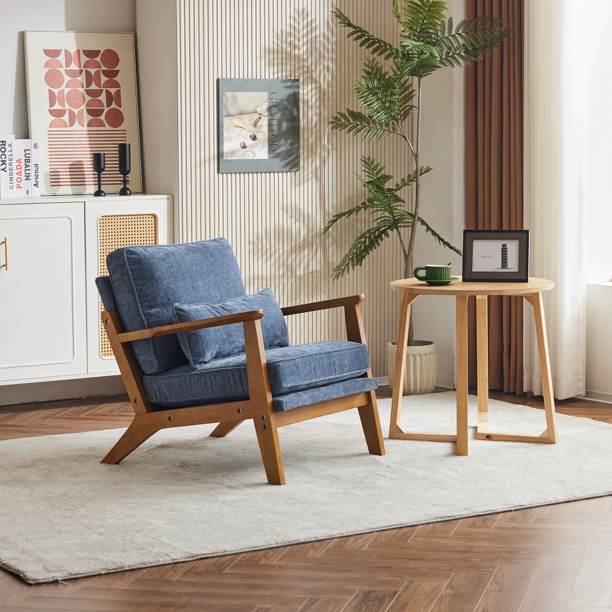 Mid-Century Oak Accent Chair - Deep Navy Blue Chenille Upholstered Single Lounge Chair, Sturdy Wood Frame Indoor Armchair (330LBS Weight Capacity)