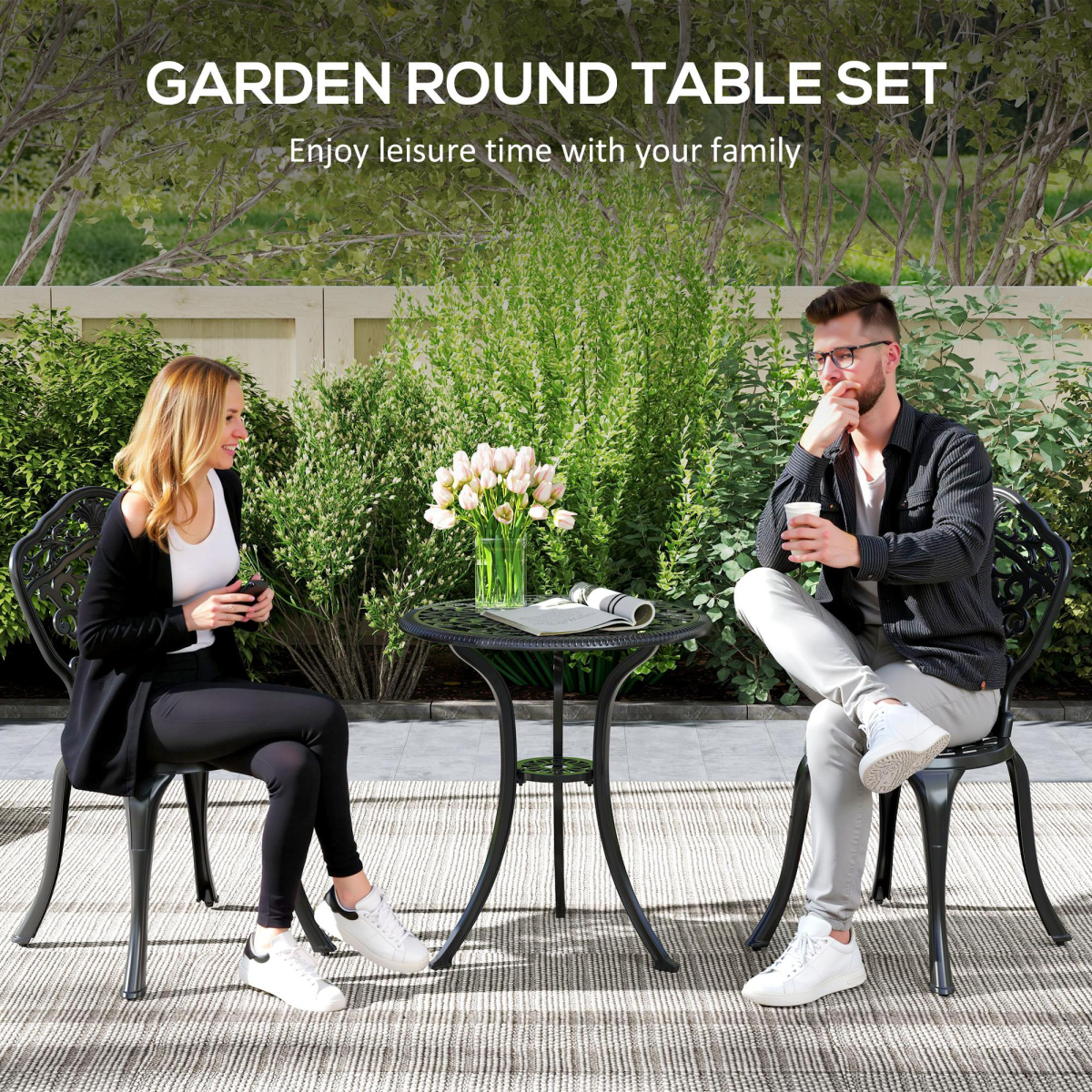 Outsunny 3 PCs Cast Aluminium Bistro Set w/ Parasol Hole for Balcony, Black