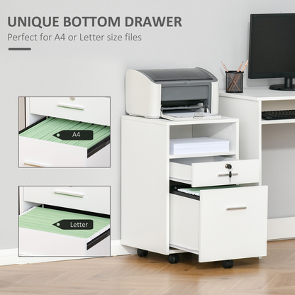 Mobile File Cabinet Lockable Documents Storage w/ 5 Wheels White Vinsetto