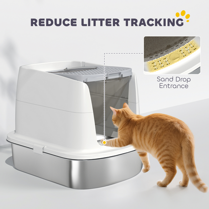 PawHut Stainless Steel Litter Box, Enclosed Metal Cat Litter Tray with Scoop