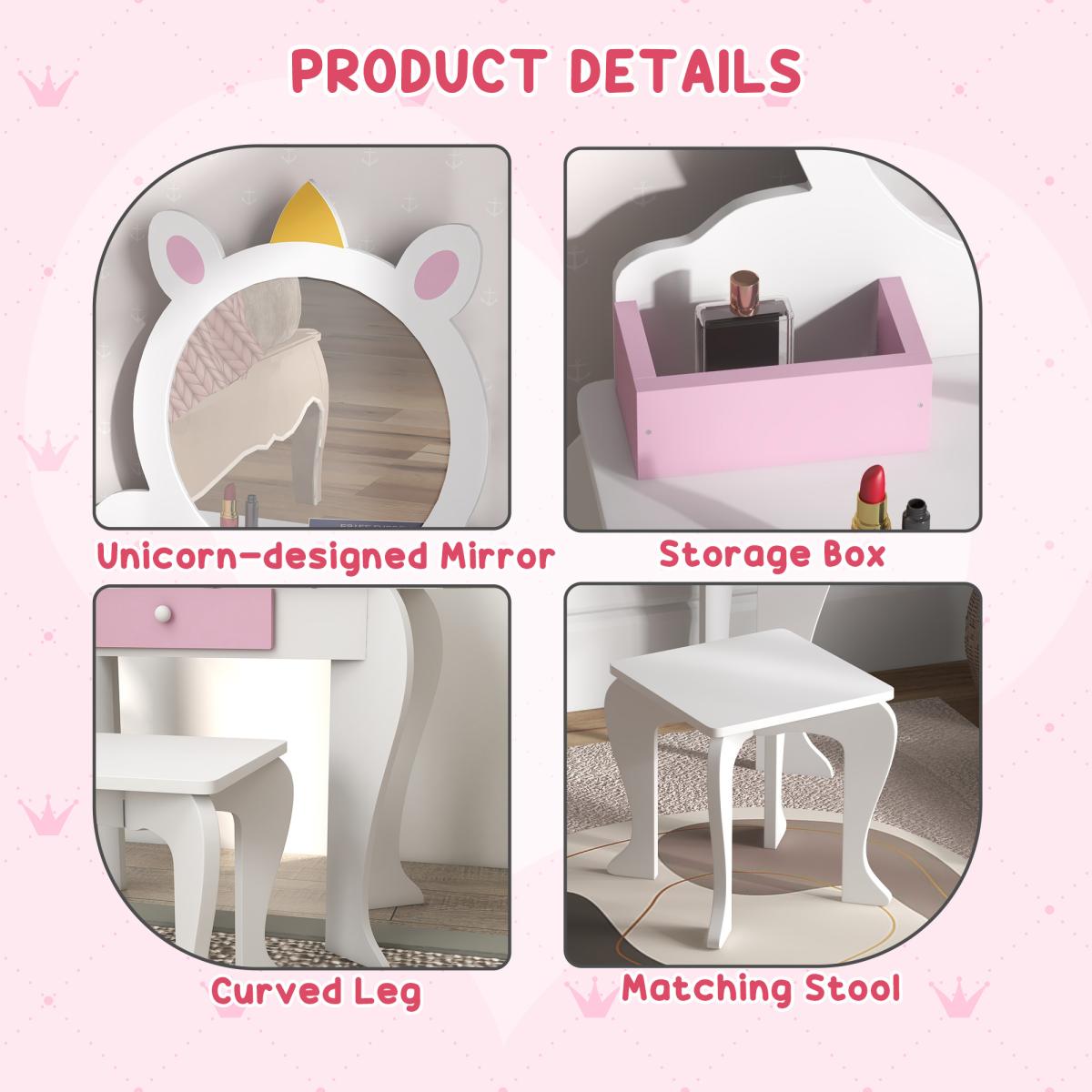 ZONEKIZ Kids Dressing Table with Mirror and Stool, Drawer, Storage Boxes - White