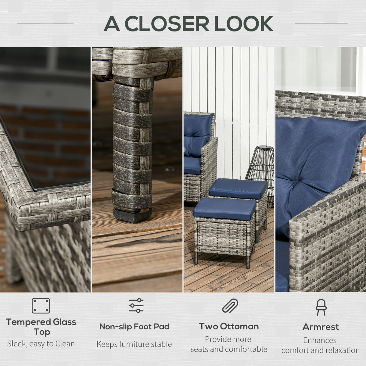 Outsunny 6 PCs Patio wicker Sofa Set Rattan Chair Furniture w/ Glass & Cushioned