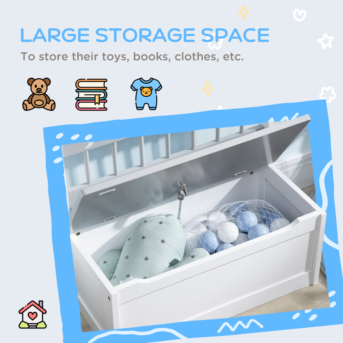 Two-In-One Wooden Toy Box, Kids Storage Bench w/ Safety Rod - Grey
