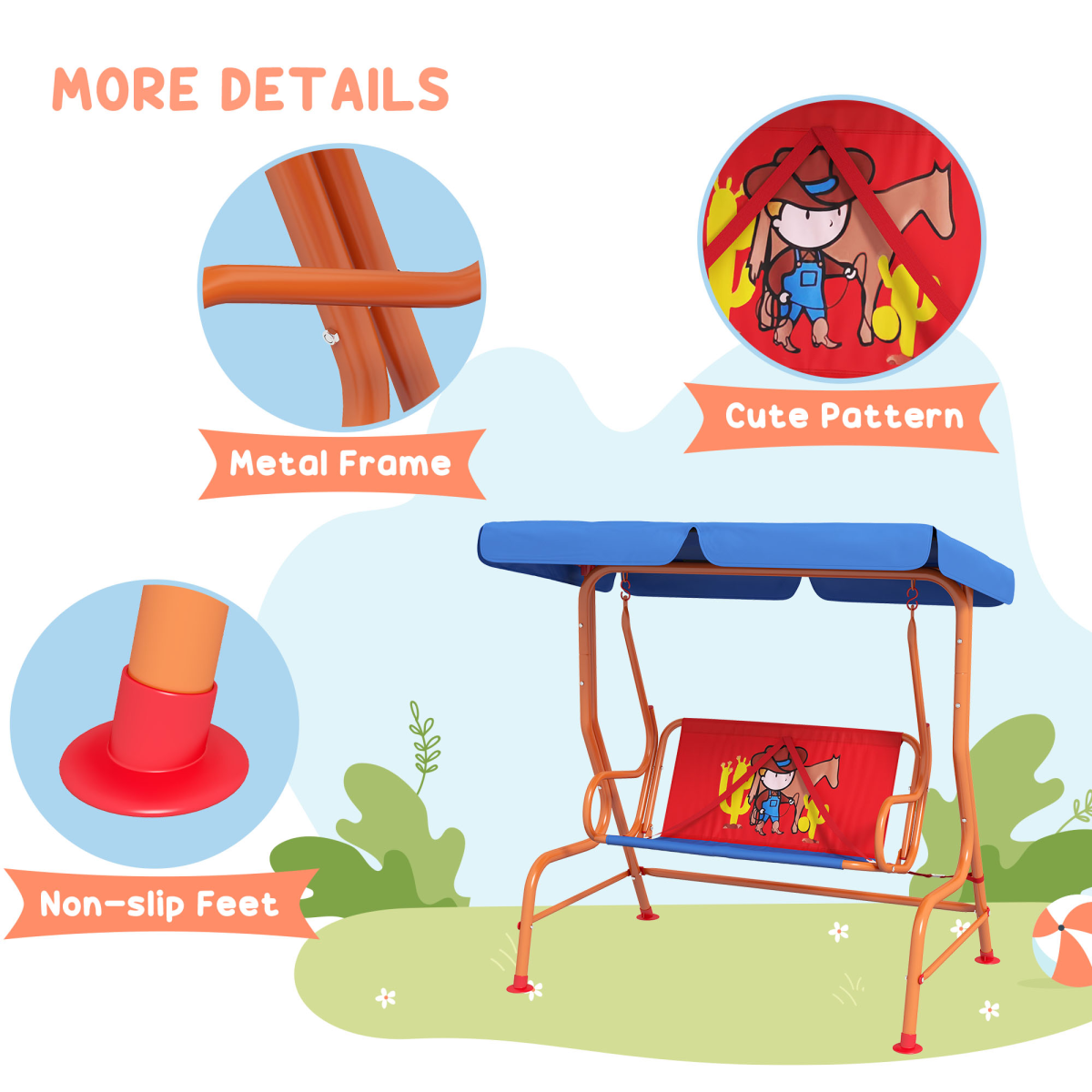 Outsunny 2 Seater Kids Swing Chair, Cowboy Themed with Adjustable Canopy