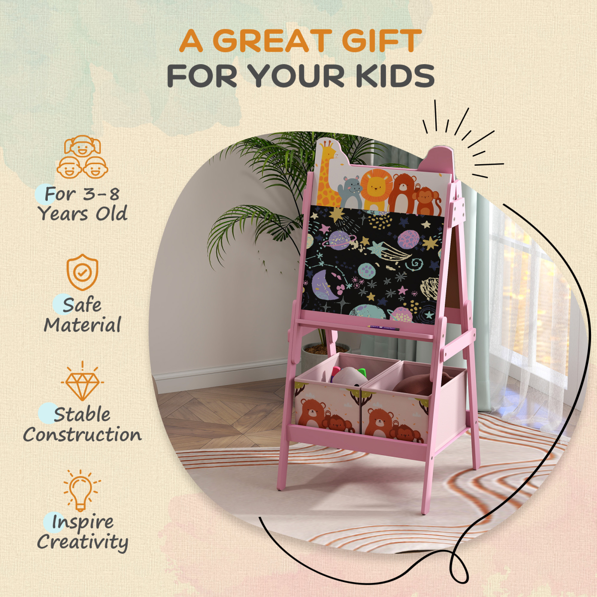 AIYAPLAY 2 in 1 Kids Easel with Whiteboard, Chalkboard, Storage Boxes, Pink
