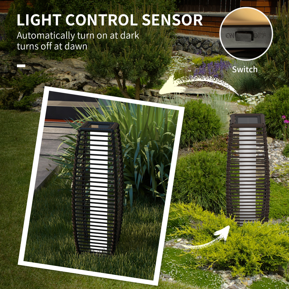 Outsunny Rattan Solar Floor Lamp with Auto On/Off LED Light for Porch Yard Brown