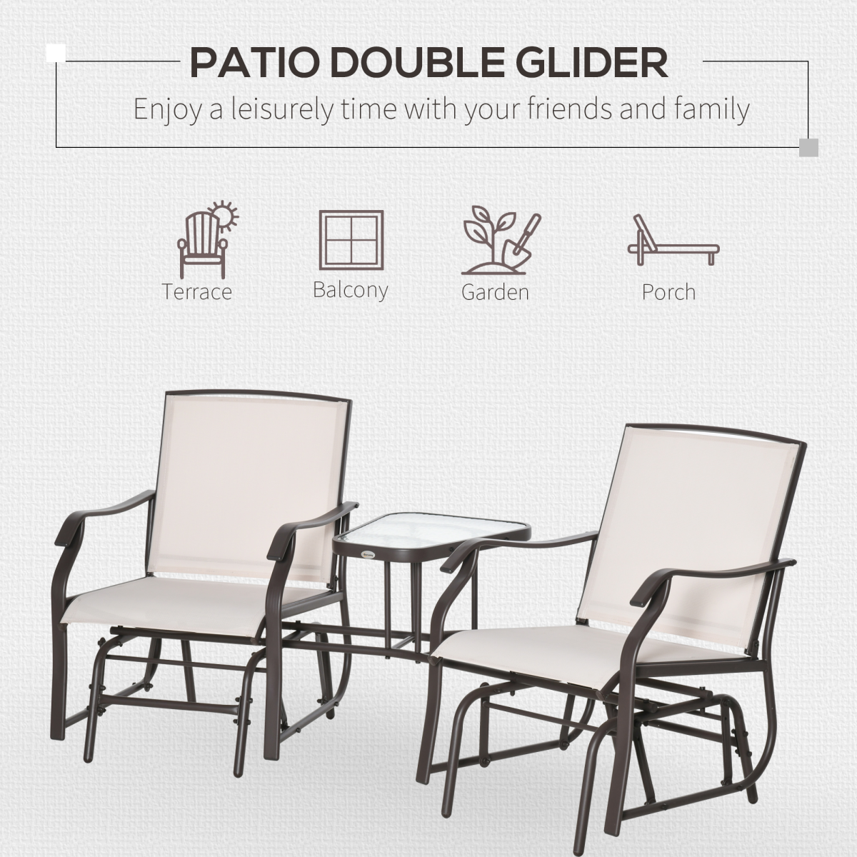 Outsunny Double Glider Companion Rocking Chairs Loveseat Garden Table Beige