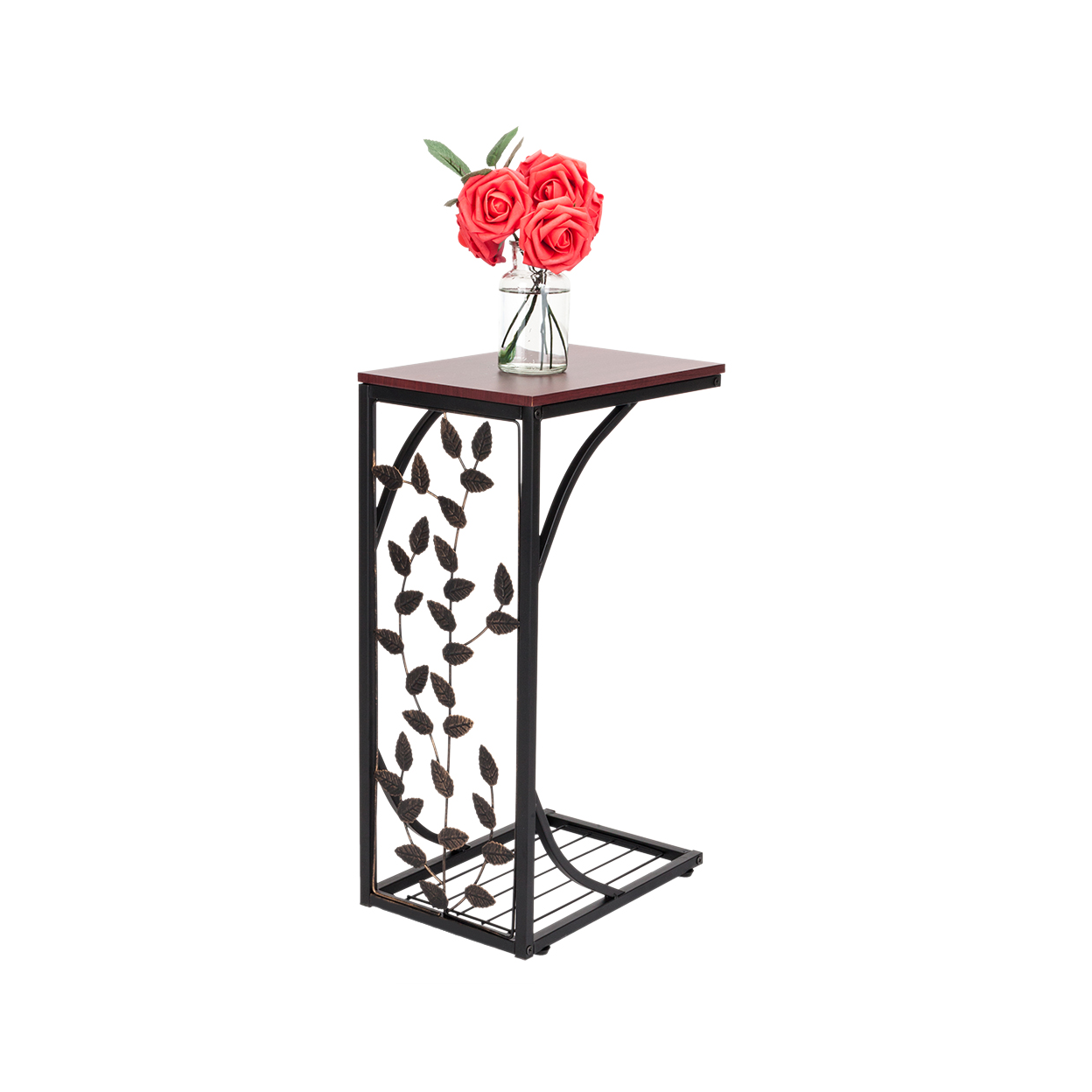 【Same Code：84356574】54*30.5*21CM Leaf Pattern Iron Side Table Coffee Table Brown