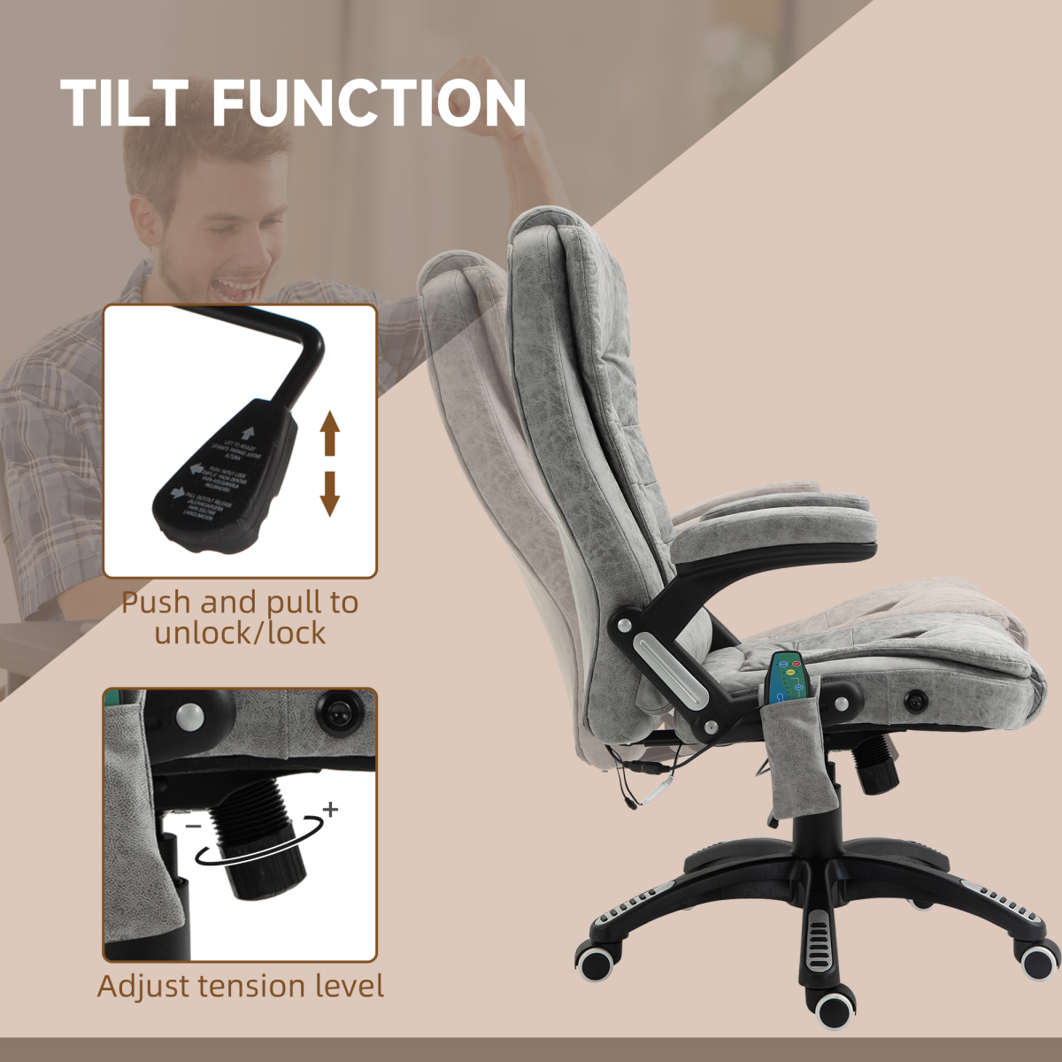 Executive Reclining Chair w/ Heating Massage Points Relaxing Headrest Grey