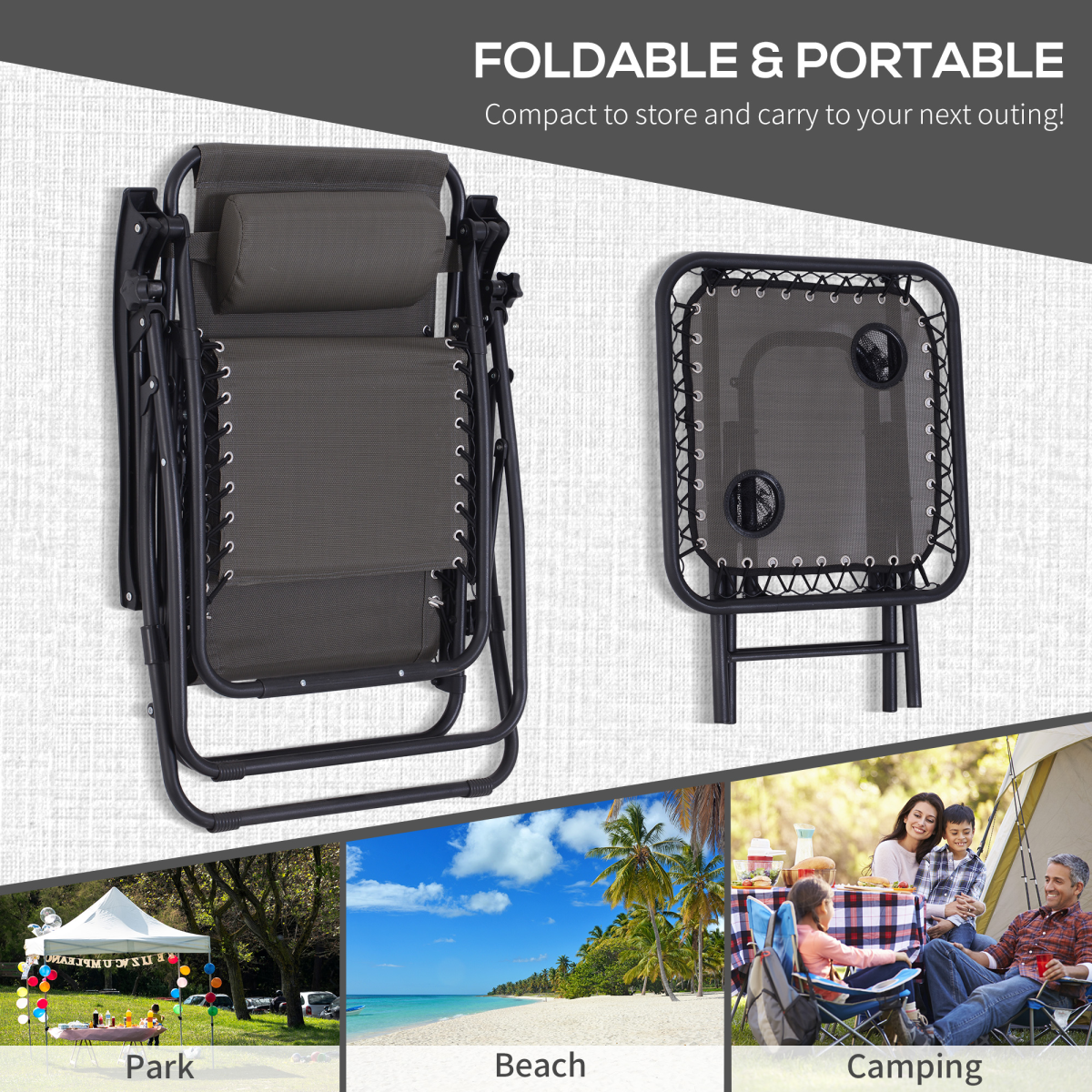 3PC Zero Gravity Chairs Sun Lounger Table Set Cup Holders Dark Grey Outsunny