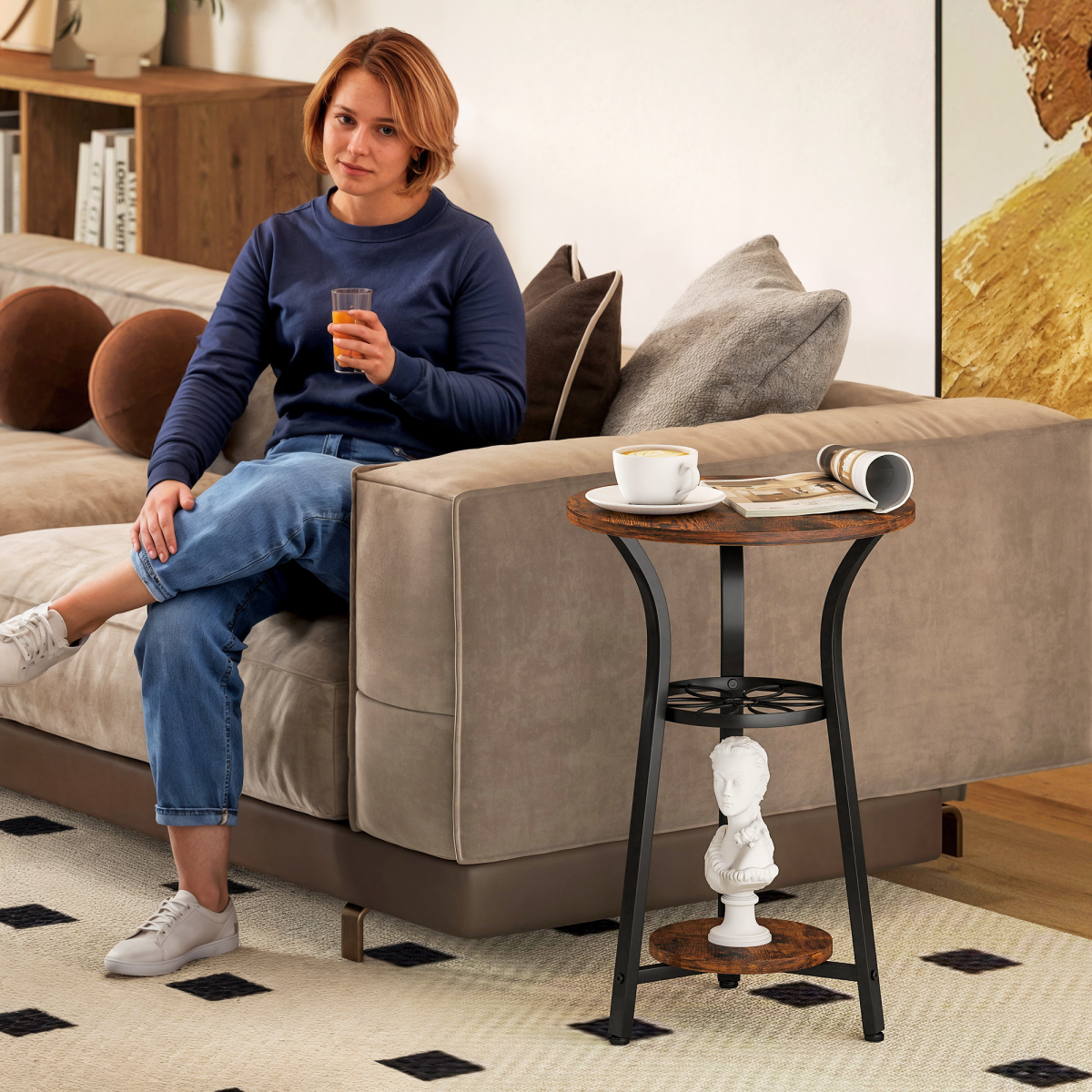 HOMCOM 3-Tier Small End Table Industrial 38 cm Round Side Table Rustic Brown
