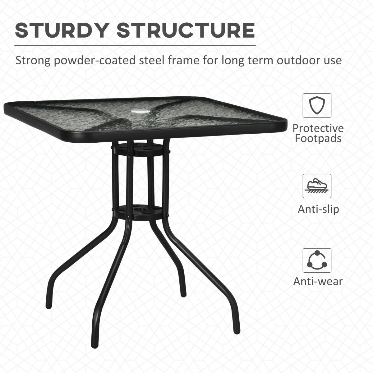 Square Patio Table, Tempered Glass Top Garden Dining Table 76 x 76cm Outsunny