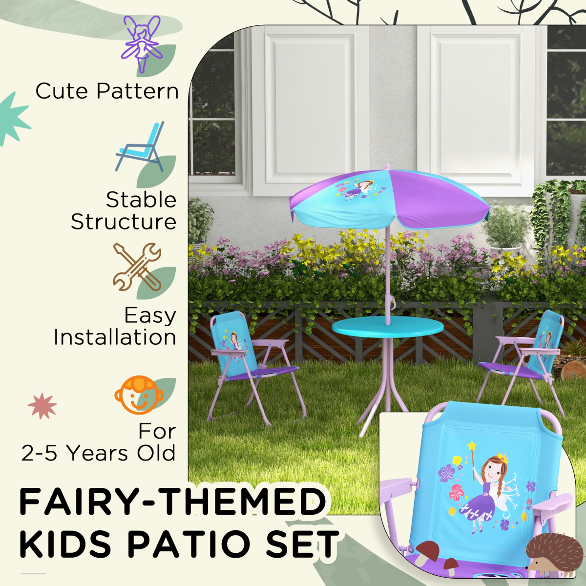 Outsunny Kids Bistro Table and Chair Set with Fairy Theme, Adjustable Parasol