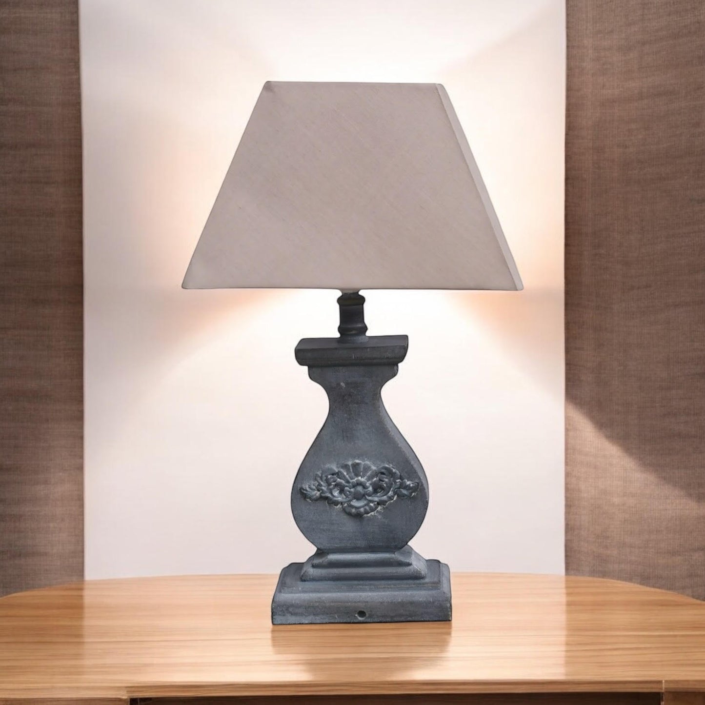 Modern Tall Wooden Washed Table Lamp - Traditional Shabby Chic Design with Taupe Linen Shade, Wood Effect Finish for Living Rooms, Bedrooms, or Hallways Decor (32cm Light Blue with Cream Shade)