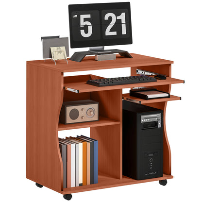 HOMCOM Multi-Storage Compact Work Desk, with Wheels - Cherry Wood Colour