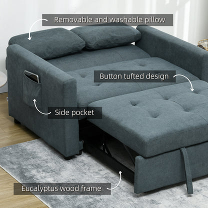 HOMCOM Loveseat Sofa Bed, Convertible Bed Settee with 2 Pillows, Side Pockets, Charcoal Grey