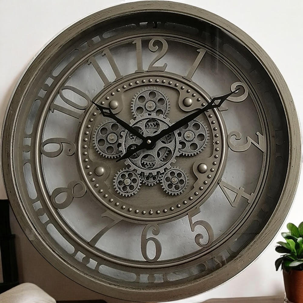 Stylish & Premium Elegant Wall Clock with Moving Gears - Round Metal Frame, Art Deco Style, Quartz Battery Movement for Dining Room, Living Rooms, Office, or Home Office Décor. (Grey Globe 46cm)