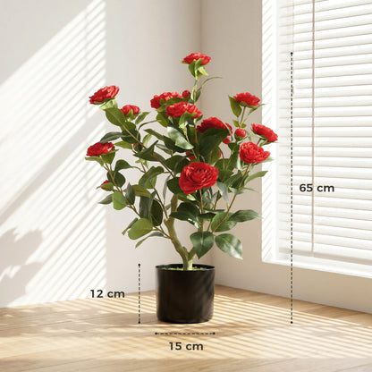 HOMCOM 65cm Artificial Camellia Flower Plant in Pot with 116 Lush Leaves & Moss Effect, Red