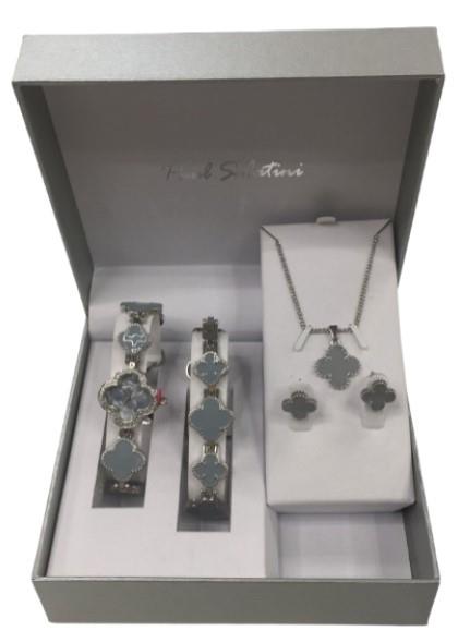 Paul Salatini Ladies Fashion Bling Grey Dial Silver Bracelet Watch Gift Sets