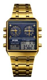S135 Mens Chronograph Fashion Ana Digital Square Big Dated Black Dial Gold Plated Bracelet Watch NY London