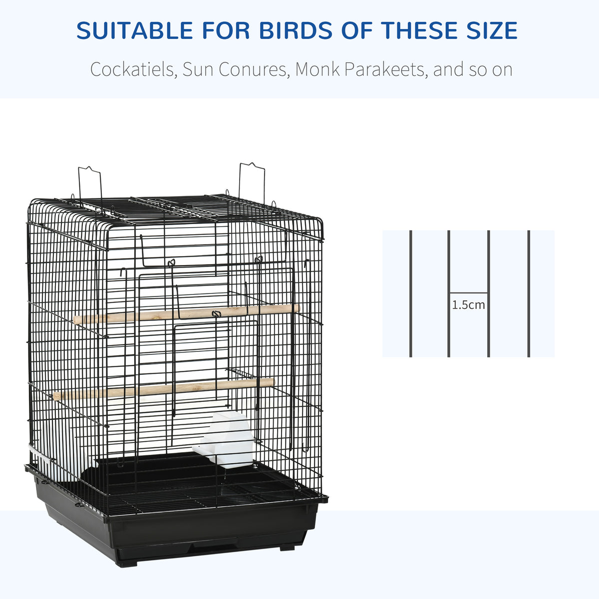 PawHut Steel Bird Cage with Openable Top, Stand, Tray, Handles, Feeding Bowls for Parakeet Cockatiel - Black