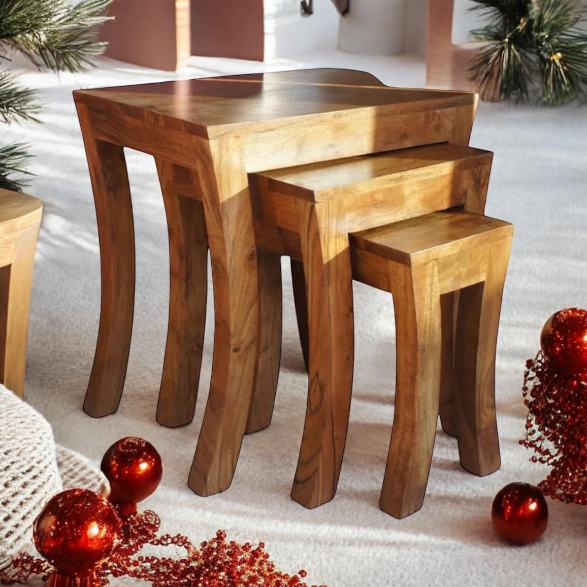 AcaciaHome Durable and Stylish 45CM Set of 3 Nesting Tables - Compact, Sturdy, and Elegant Wood Design for Space-Saving Solutions - Perfect for Living Rooms, Bedrooms, and Offices (50CM)