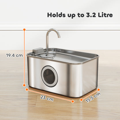 PawHut 3.2L Cat Water Fountain for Drinking, Cat Fountain Stainless Steel with Visible Water-Level Window, Ultra-Silent Pump